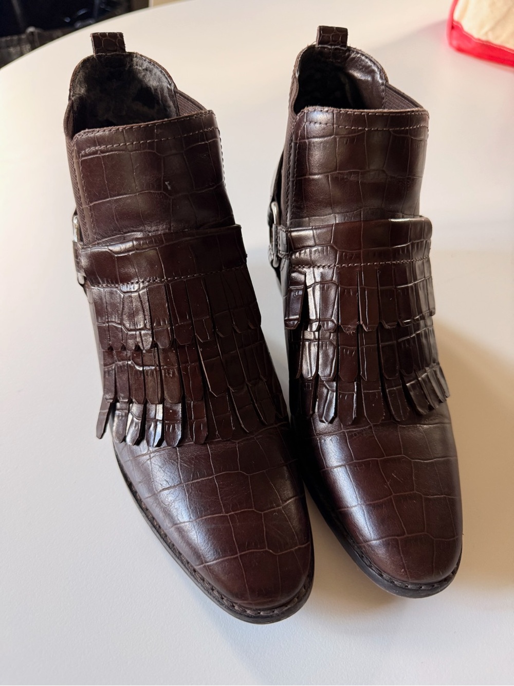 Marc Fisher Brown Croc-Embossed Fringe Ankle Boots
